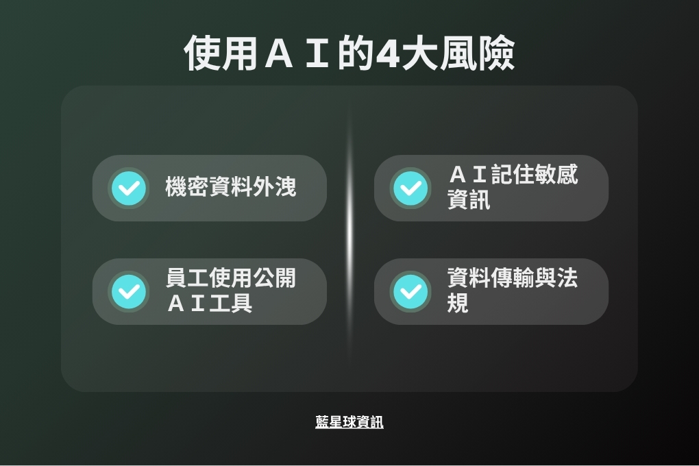 使用AI的4大風險
1.機密資料外洩
2.員工使用公開AI工具
3.AI記住了敏感資訊
4.資料傳輸與法規